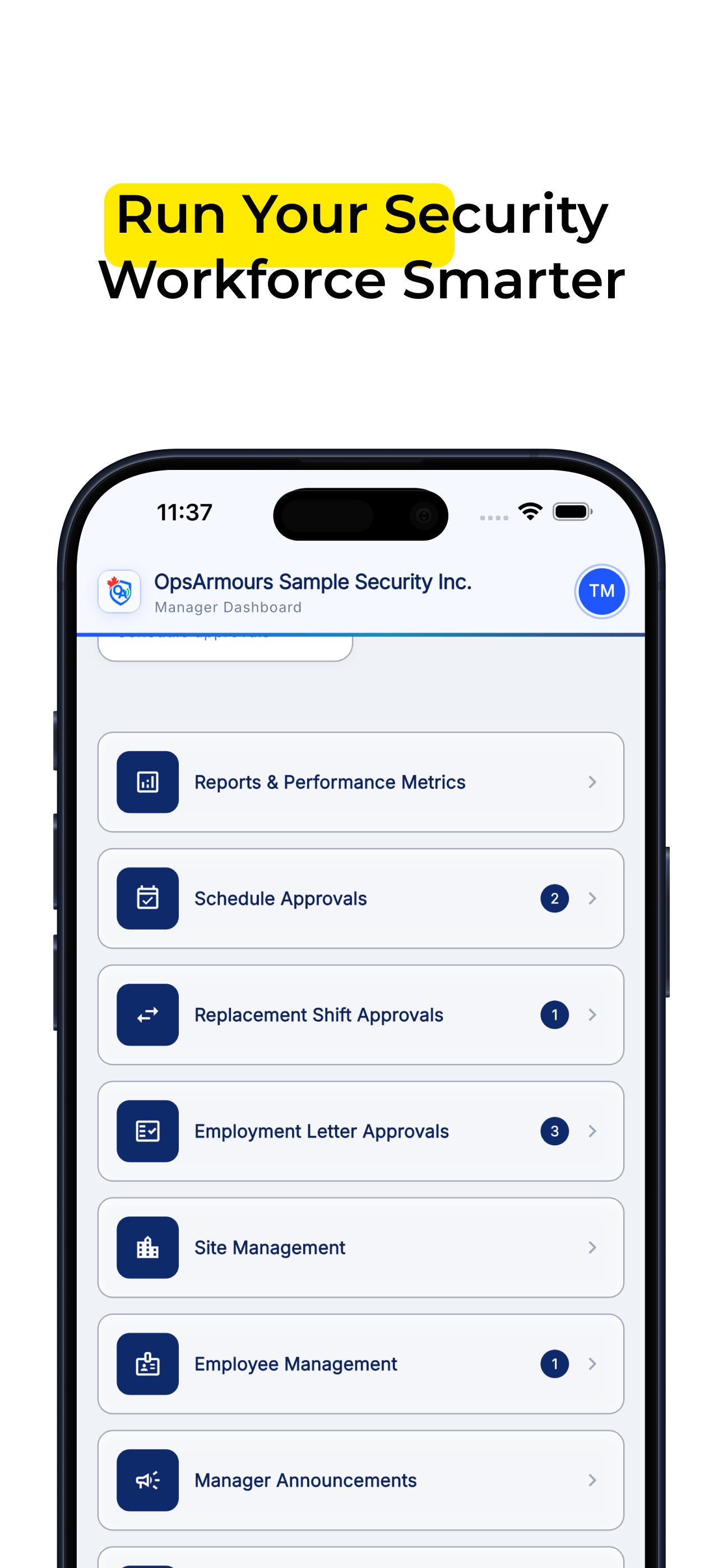 OpsArmours manager dashboard on iPhone with reports, schedule approvals, and employee management