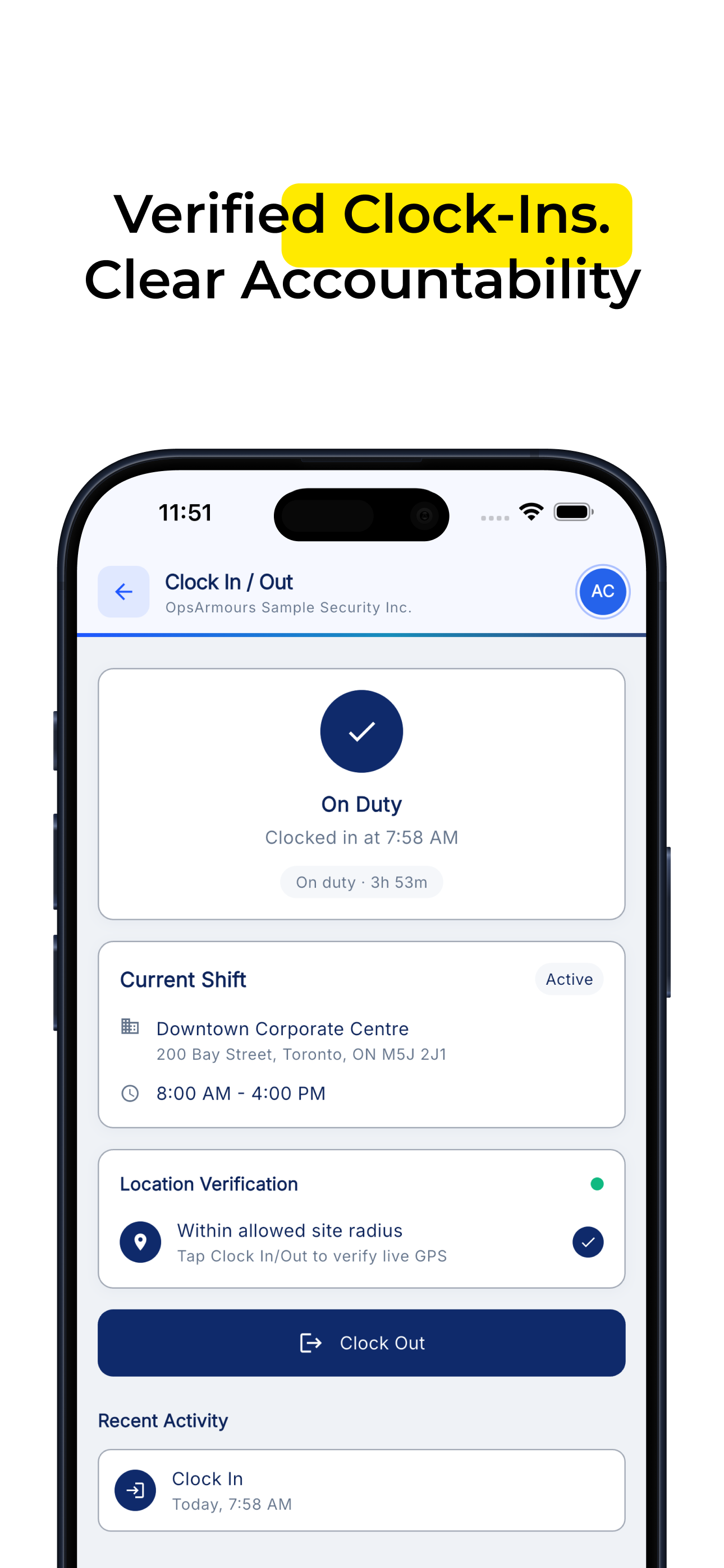 OpsArmours geofenced clock in and clock out screen with on-duty status and location verification