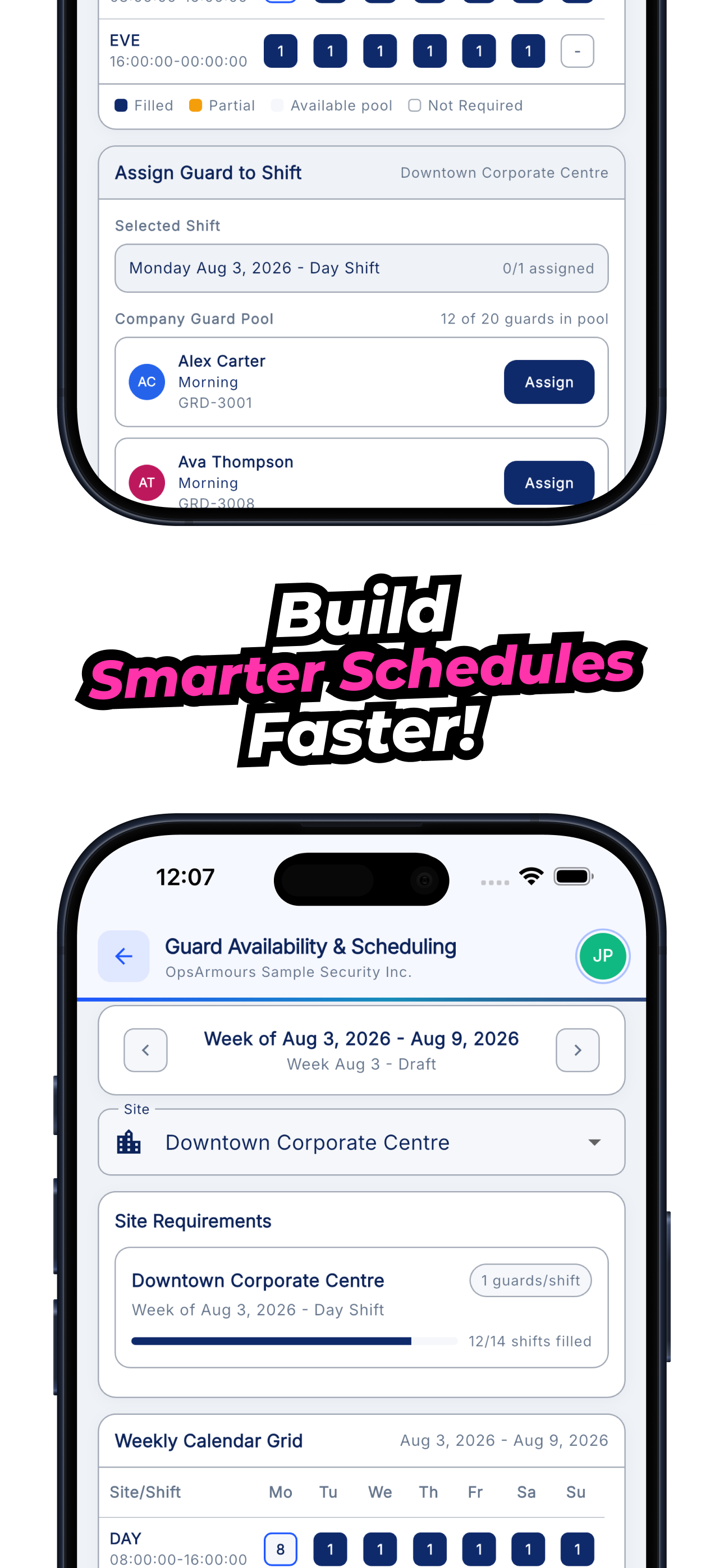 OpsArmours smart scheduling screens for assigning guards and filling weekly shifts