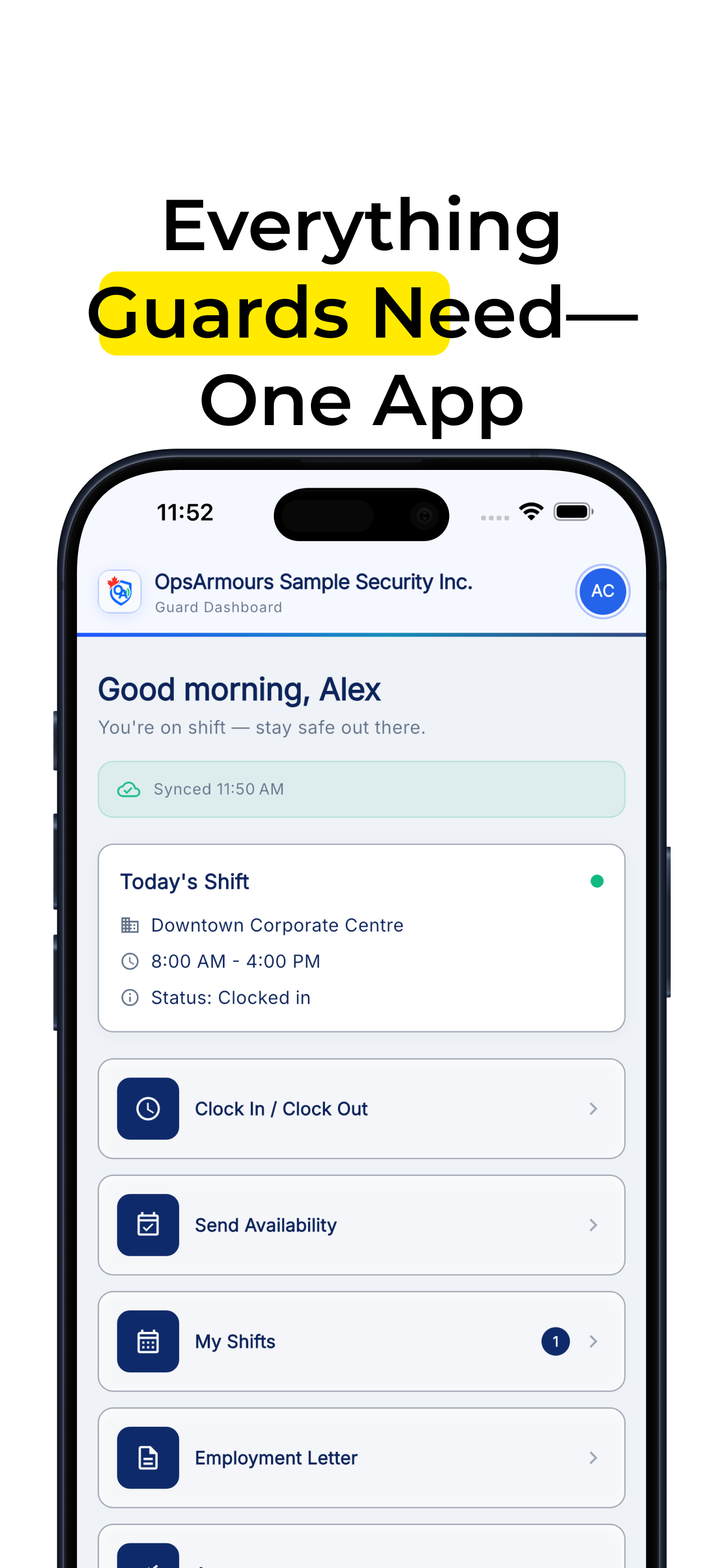 OpsArmours guard dashboard showing today shift, clock in, availability, and letters