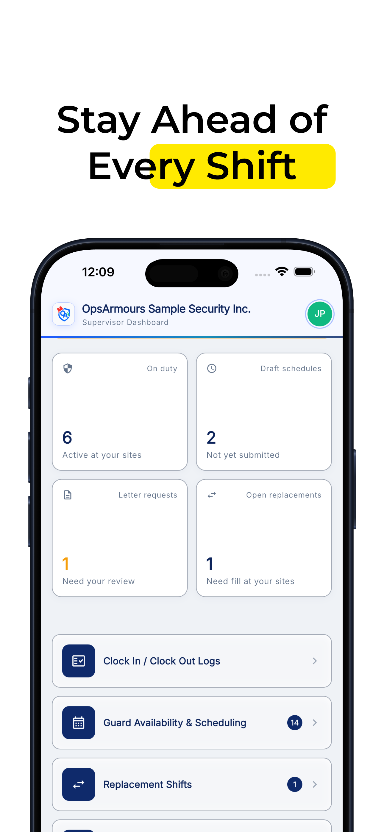OpsArmours supervisor dashboard with on-duty counts, draft schedules, and replacement shifts