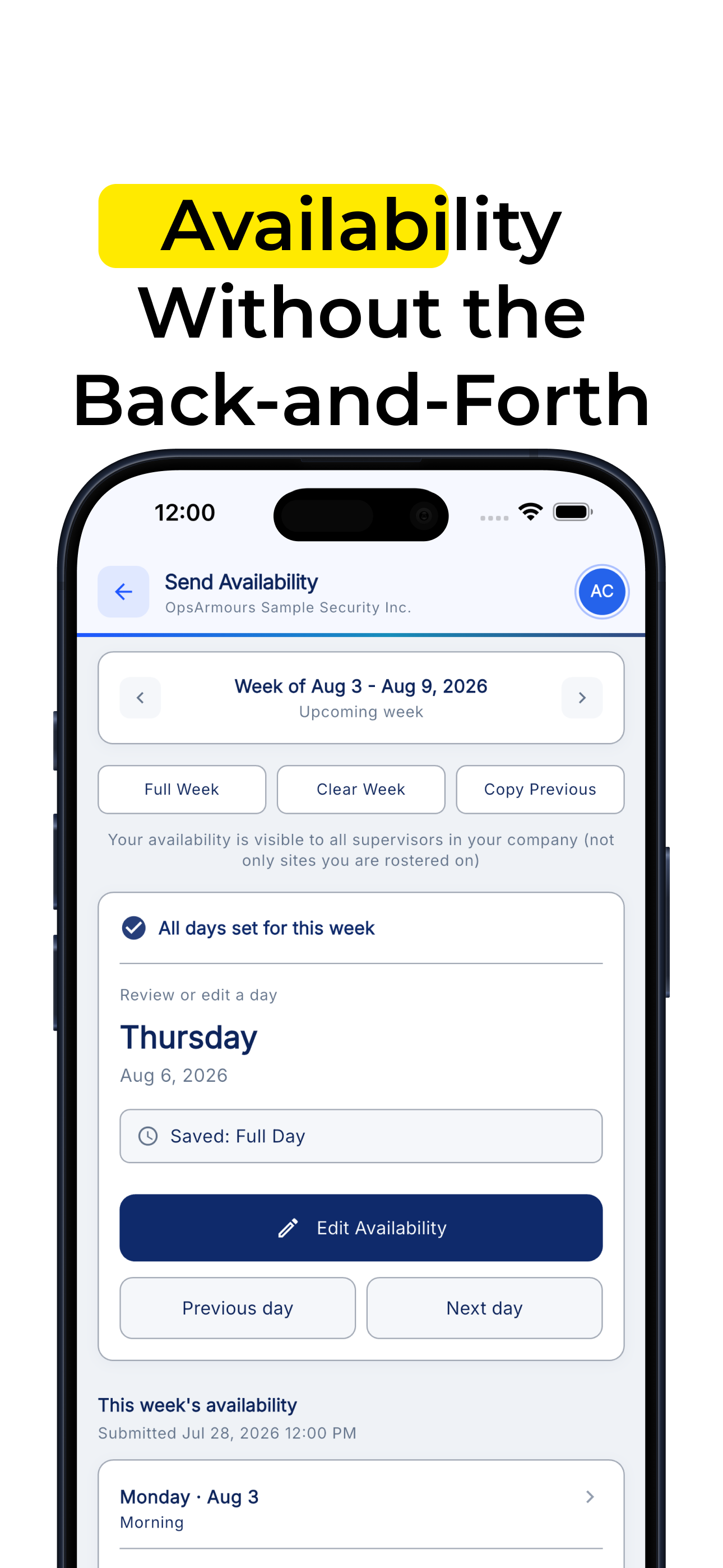 OpsArmours weekly availability screen for guards to send availability without phone tag