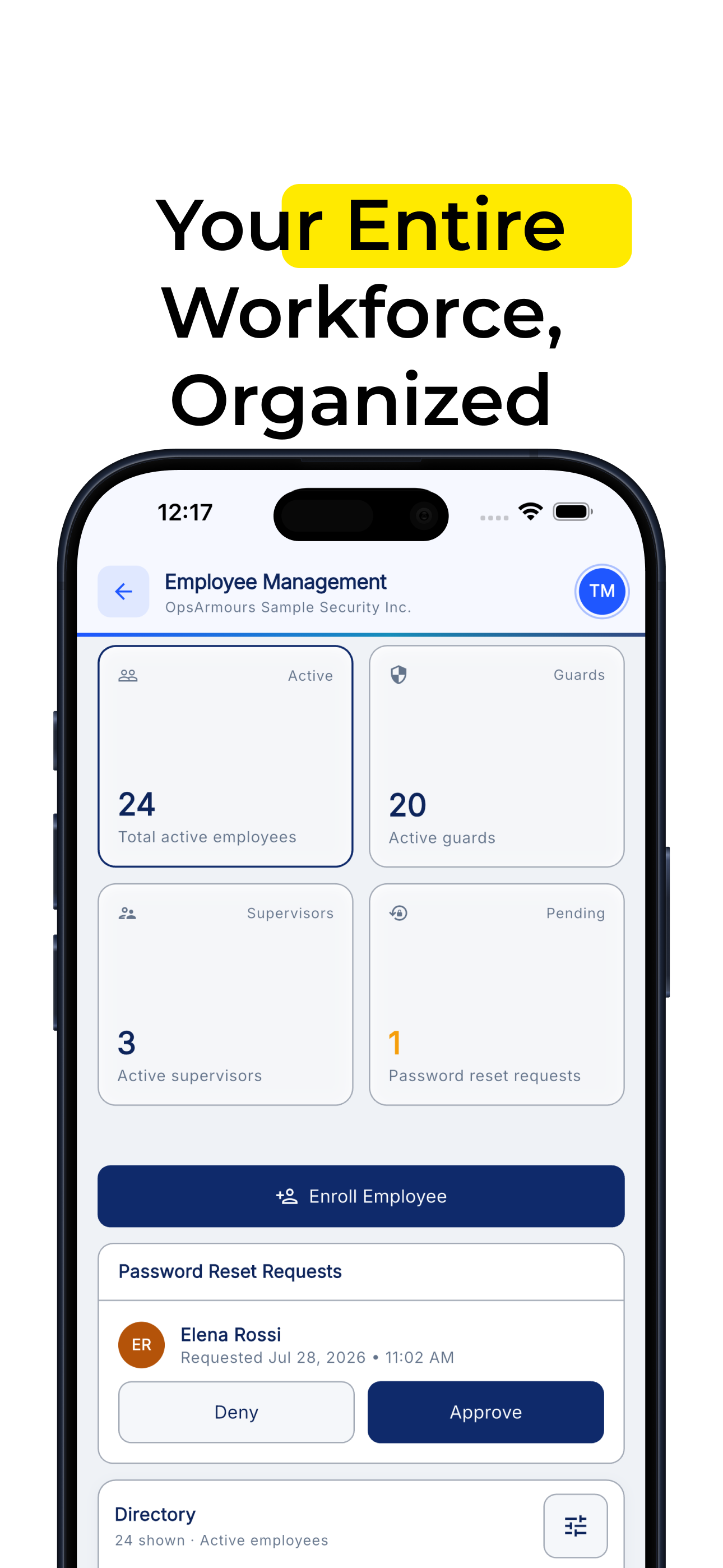 OpsArmours employee management with active guards, supervisors, and enrollment
