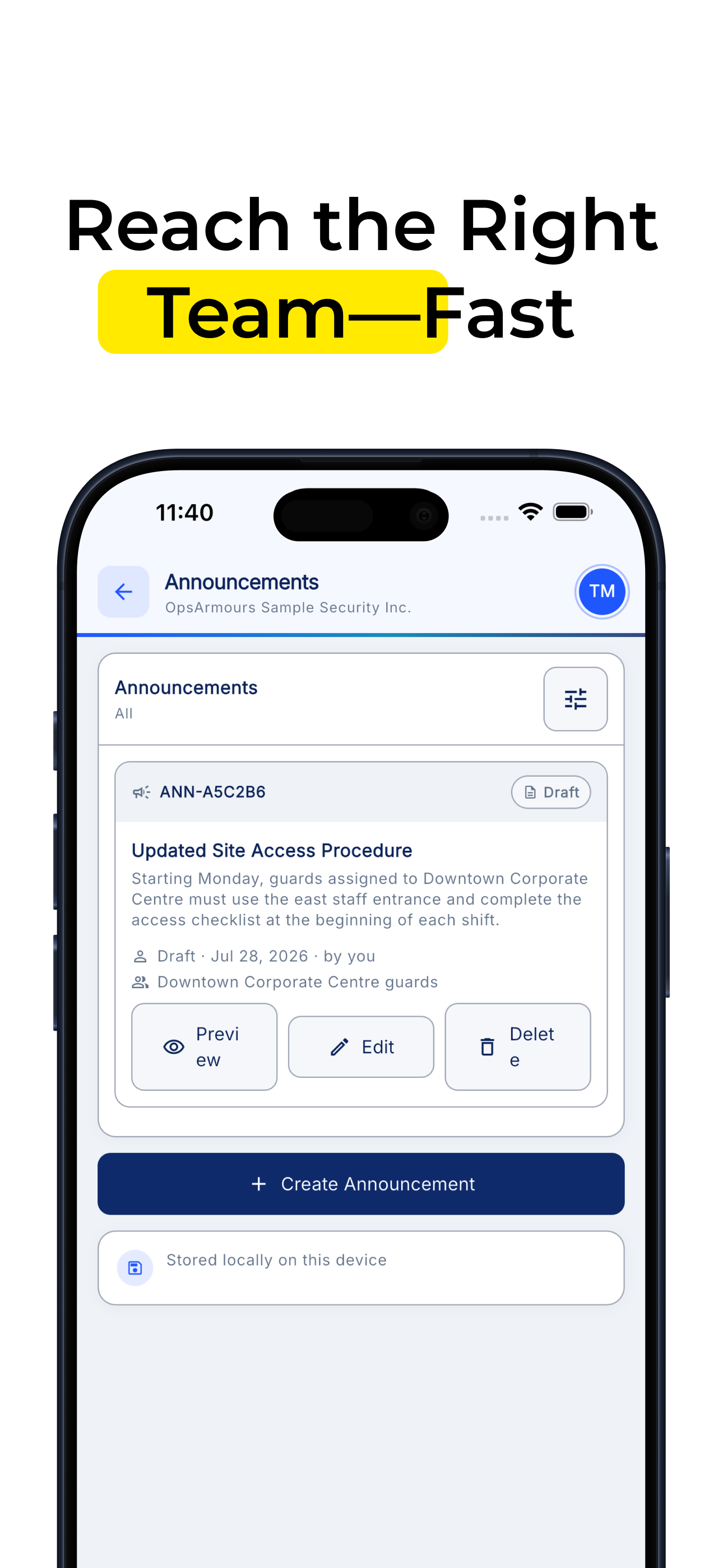 OpsArmours announcements screen for targeted team updates