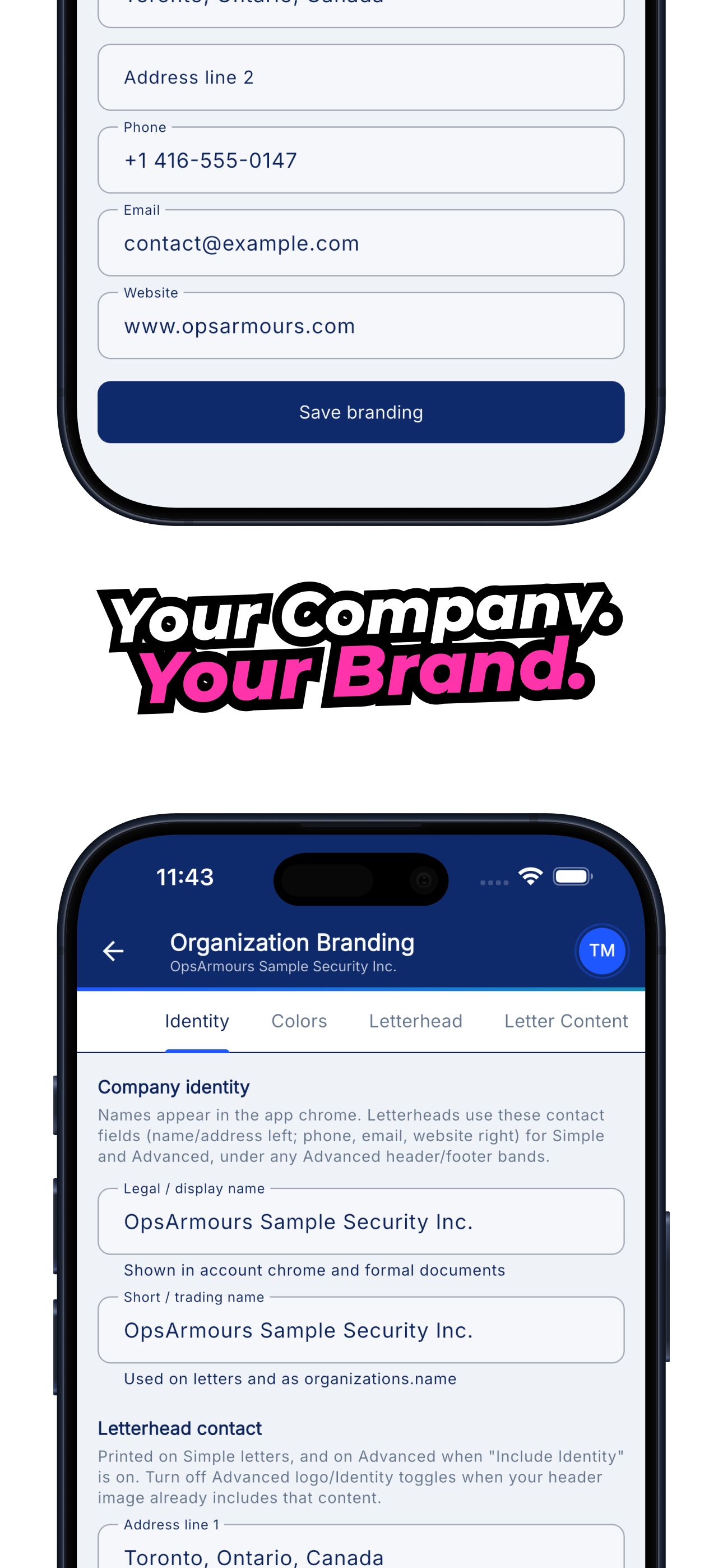 OpsArmours organization branding settings for company identity and letterhead