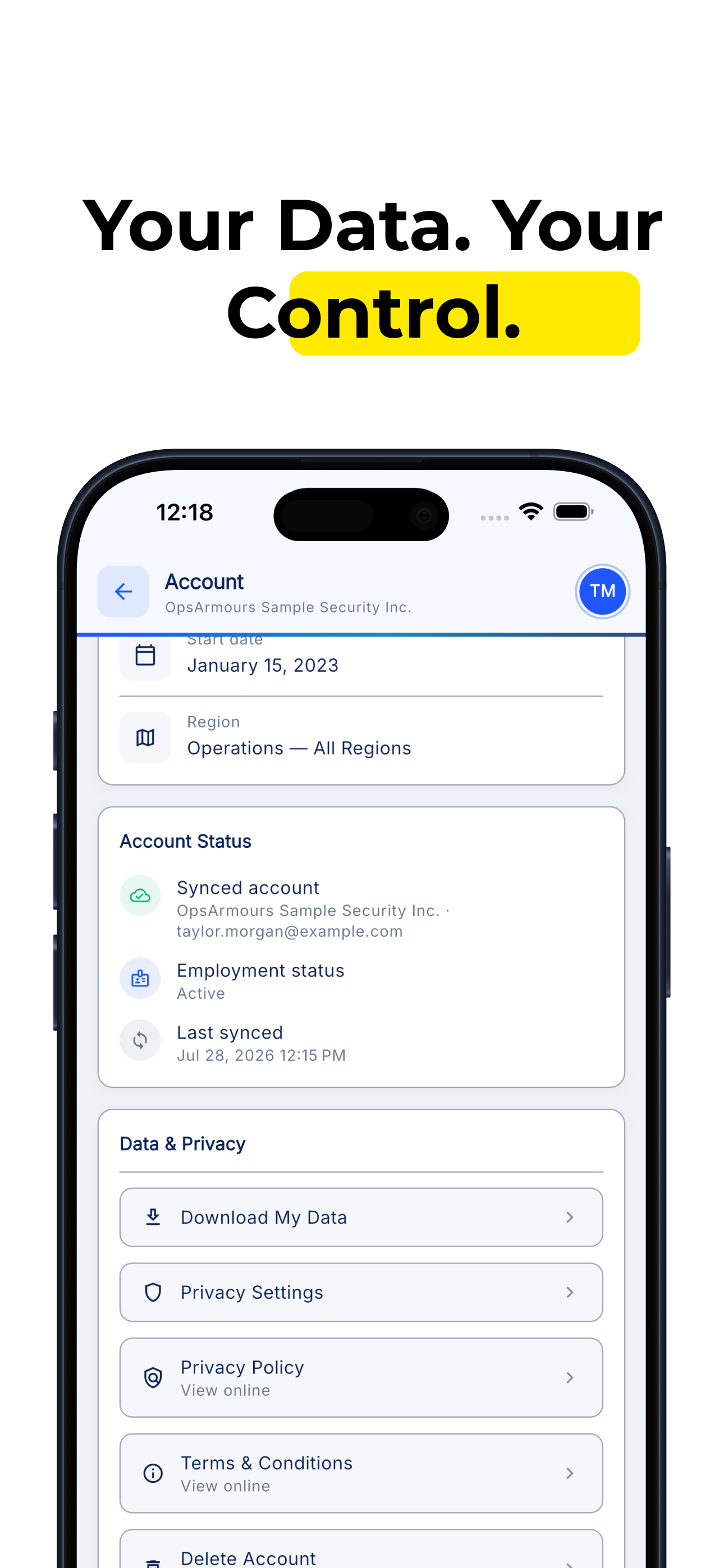 OpsArmours account data and privacy screen with download, privacy policy, and delete account