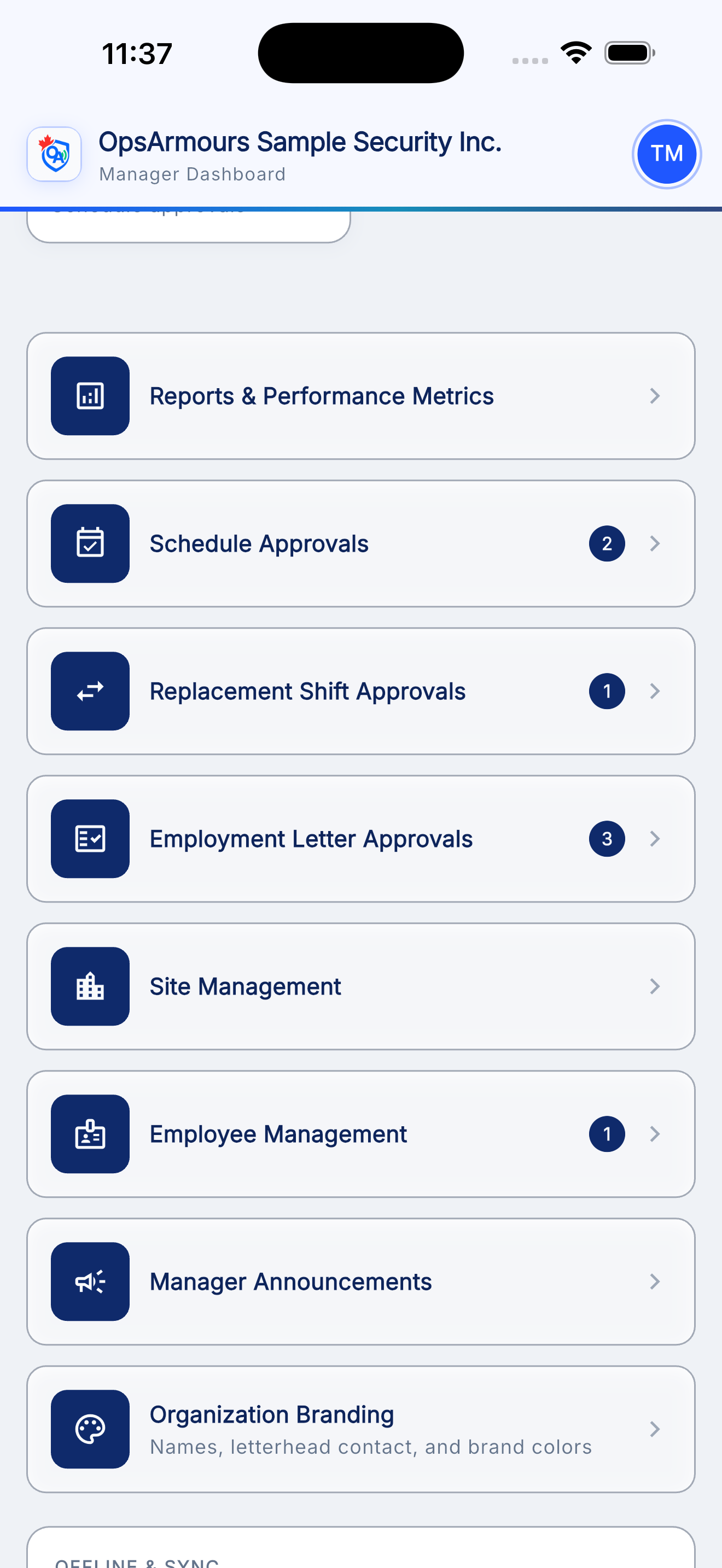 OpsArmours manager dashboard with schedule, letter, and employee approvals