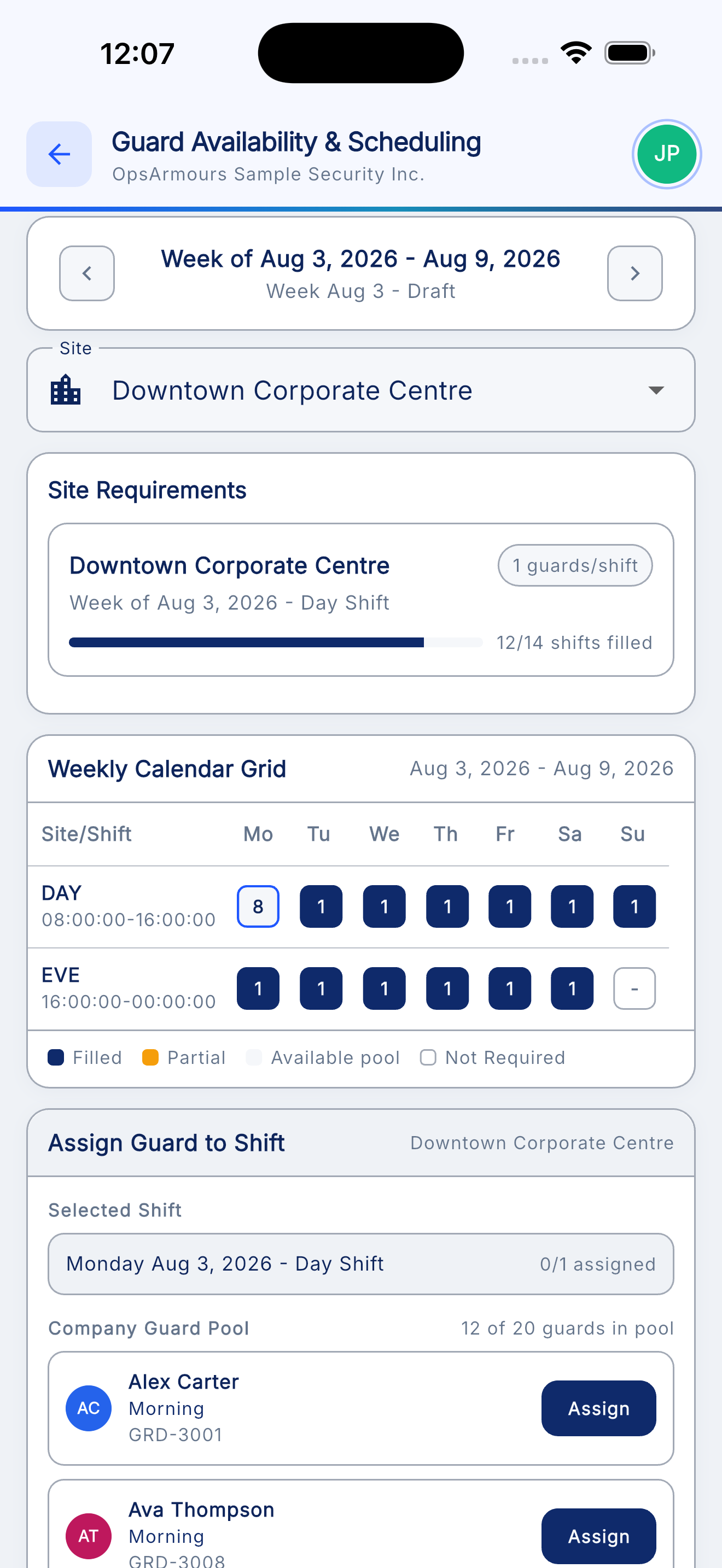 OpsArmours smart scheduling with weekly coverage and guard assignment