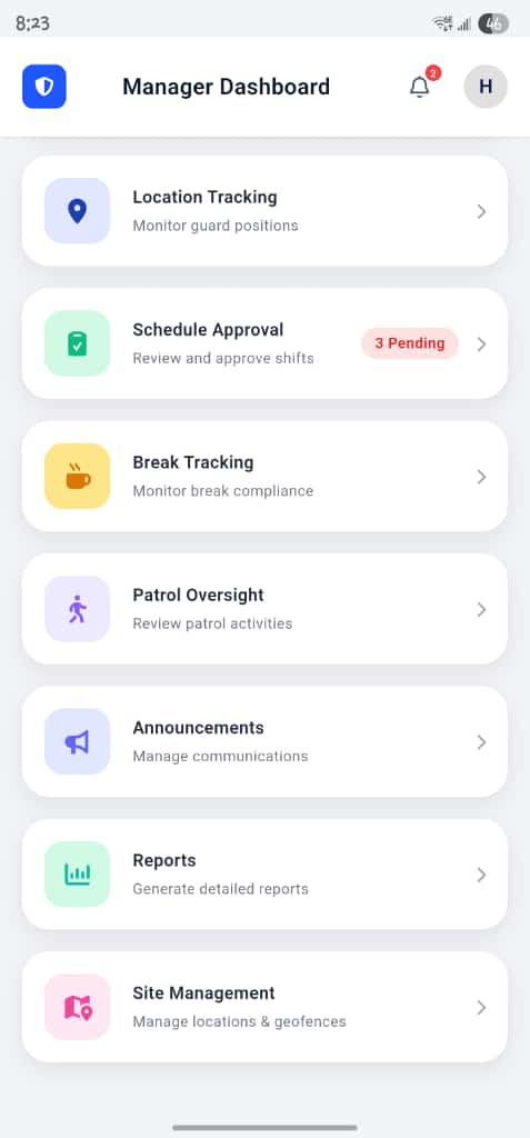 OpsArmours manager dashboard mobile app showing real-time security operations analytics, patrol tracking, and compliance reporting